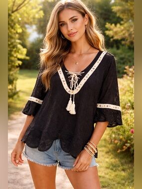 POL Boho Lace V-Neck Top with Tassel Tie - Black